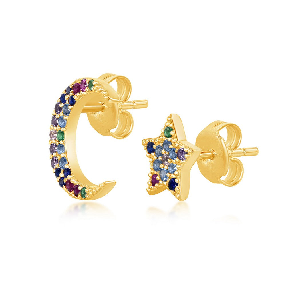 Sterling Silver Crescent Moon and Star Rainbow CZ Stud Earrings - Gold Plated Earrings