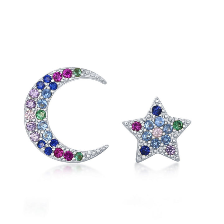 Sterling Silver Crescent Moon and Star Rainbow CZ Stud Earrings Earrings