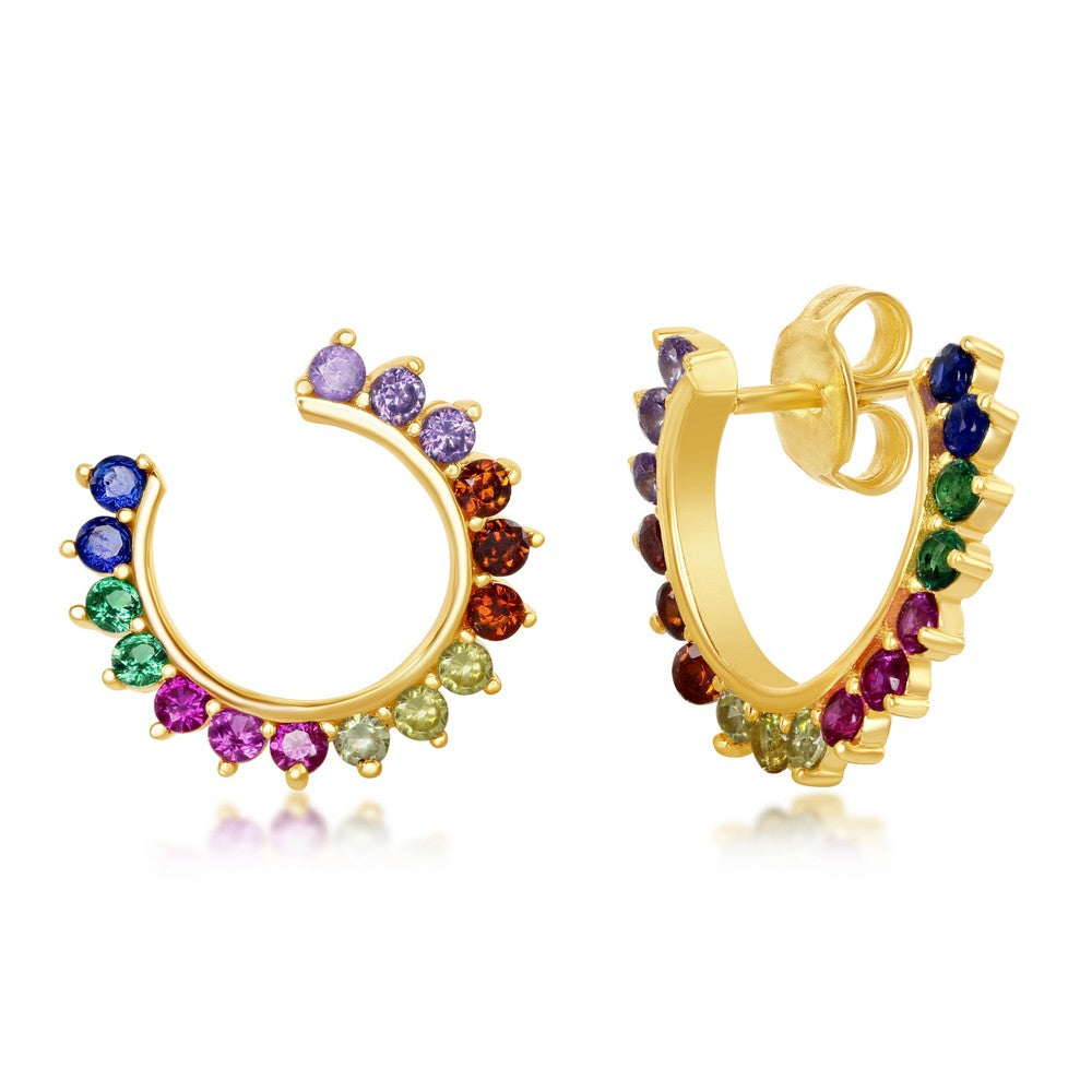 Sterling Silver Rainbow CZ Open Hoop Stud Earrings - Gold Plated Earrings