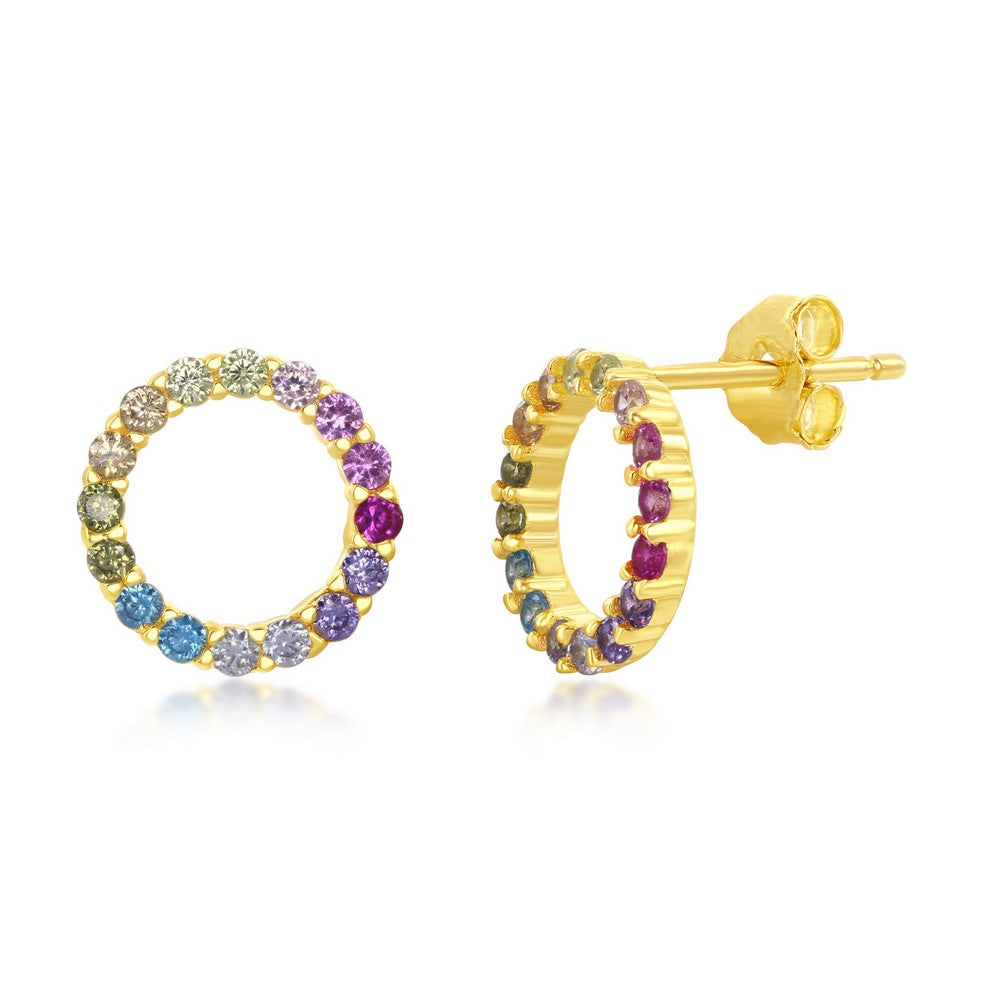 Sterling Silver Rainbow CZ Open Circle Stud Earrings - Gold Plated Earrings