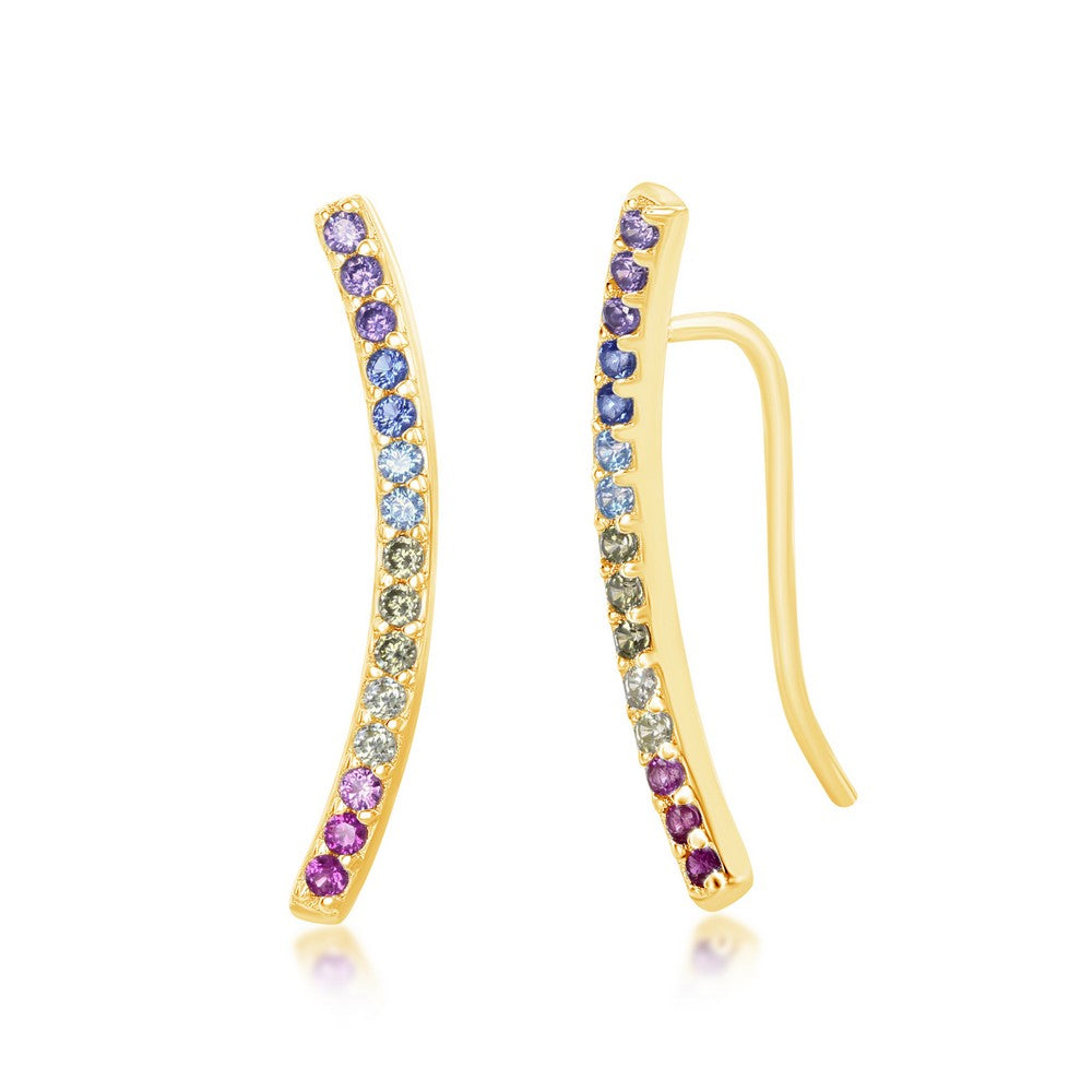 Sterling Silver Rainbow CZ Crawler Earrings - Gold Plated Earrings