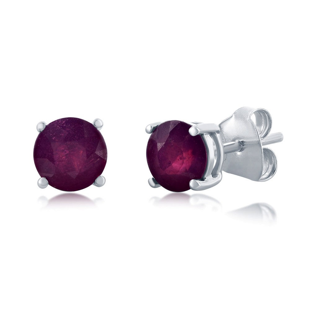 Sterling Silver Four-Prong 6mm Round, 2.7cttw Gemstone Earrings-Glass Filled Ruby Earrings