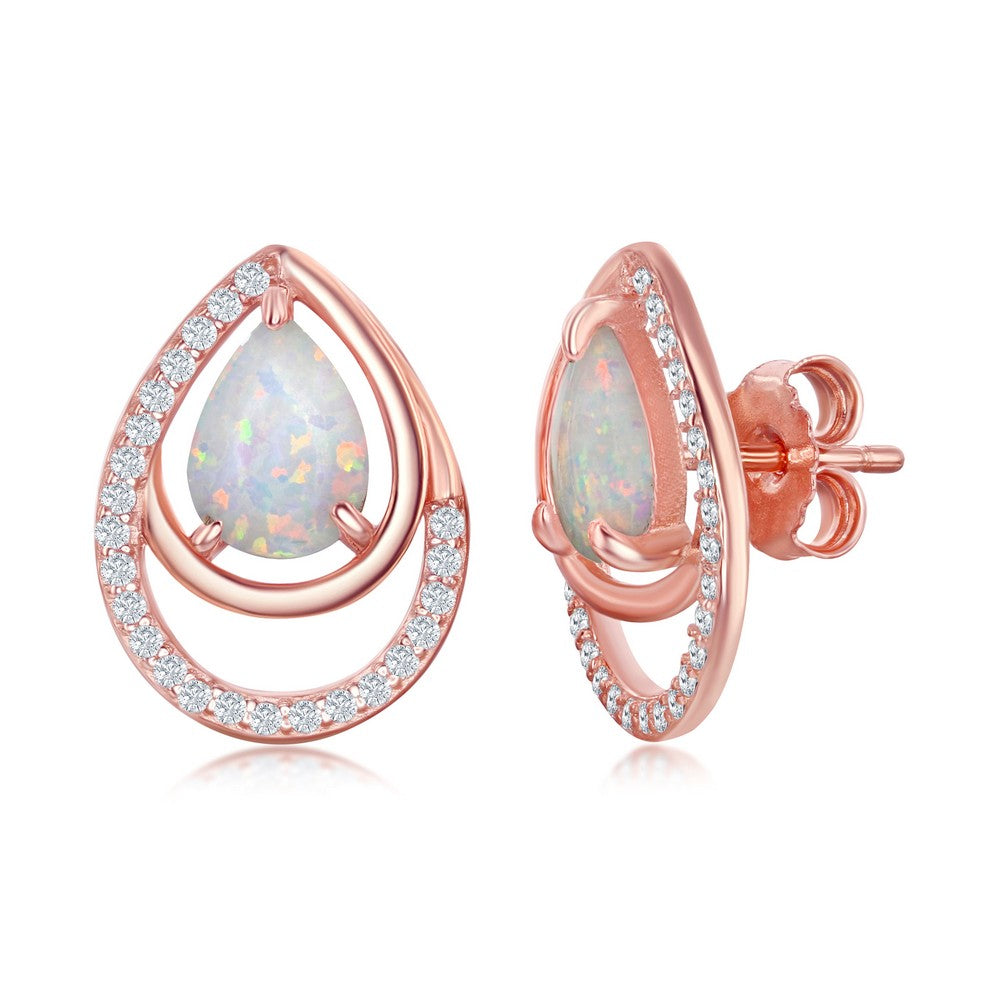 Sterling Silver CZ Double Pear-Shaped White Opal Earrings - Rose Gold Plated Earrings