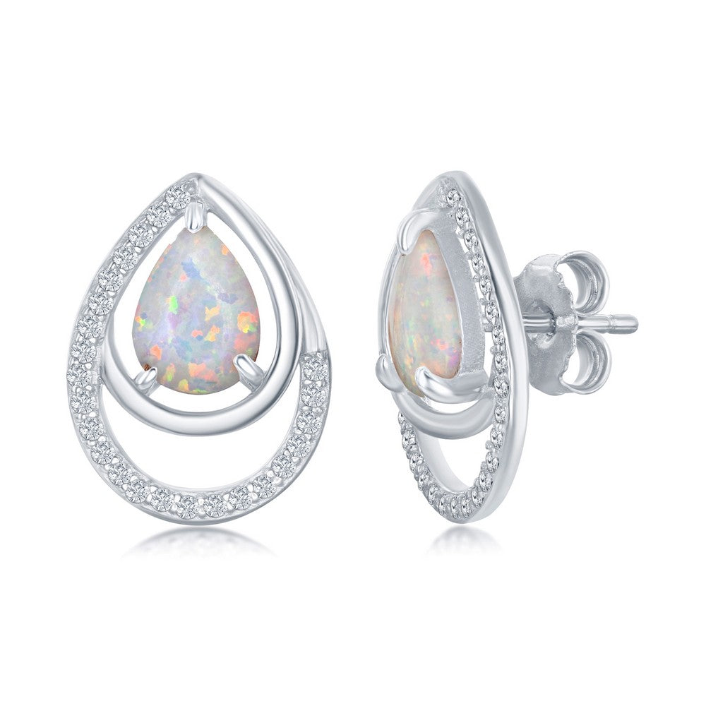 Sterling Silver CZ Double Pear-Shaped White Opal Earrings Earrings