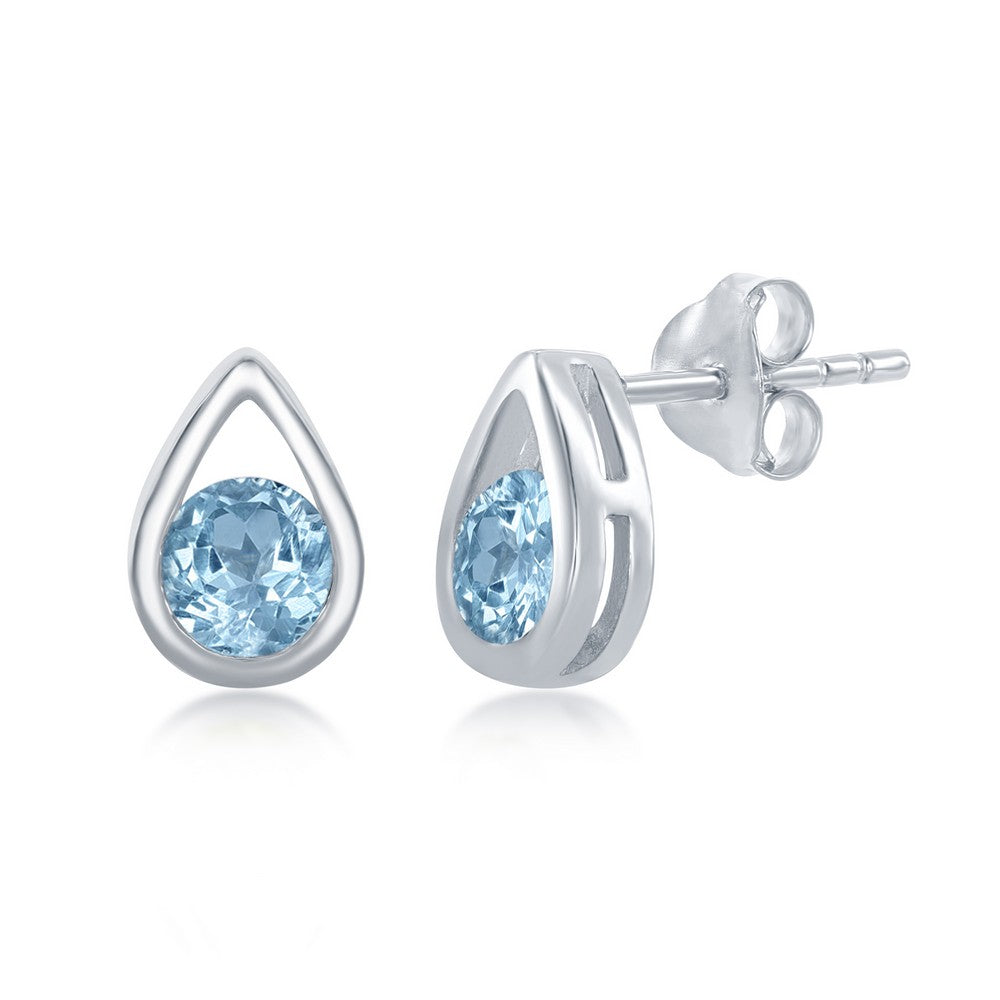 Sterling Silver Pearshaped Earrings W/Round Gemstone Stud - Blue Topaz Earrings