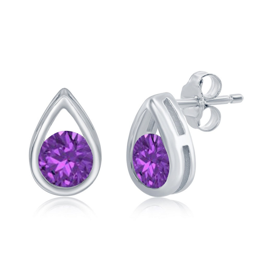 Sterling Silver Pearshaped Earrings W/Round 'February Birthstone' Gemstone Studs - Amethyst Earrings