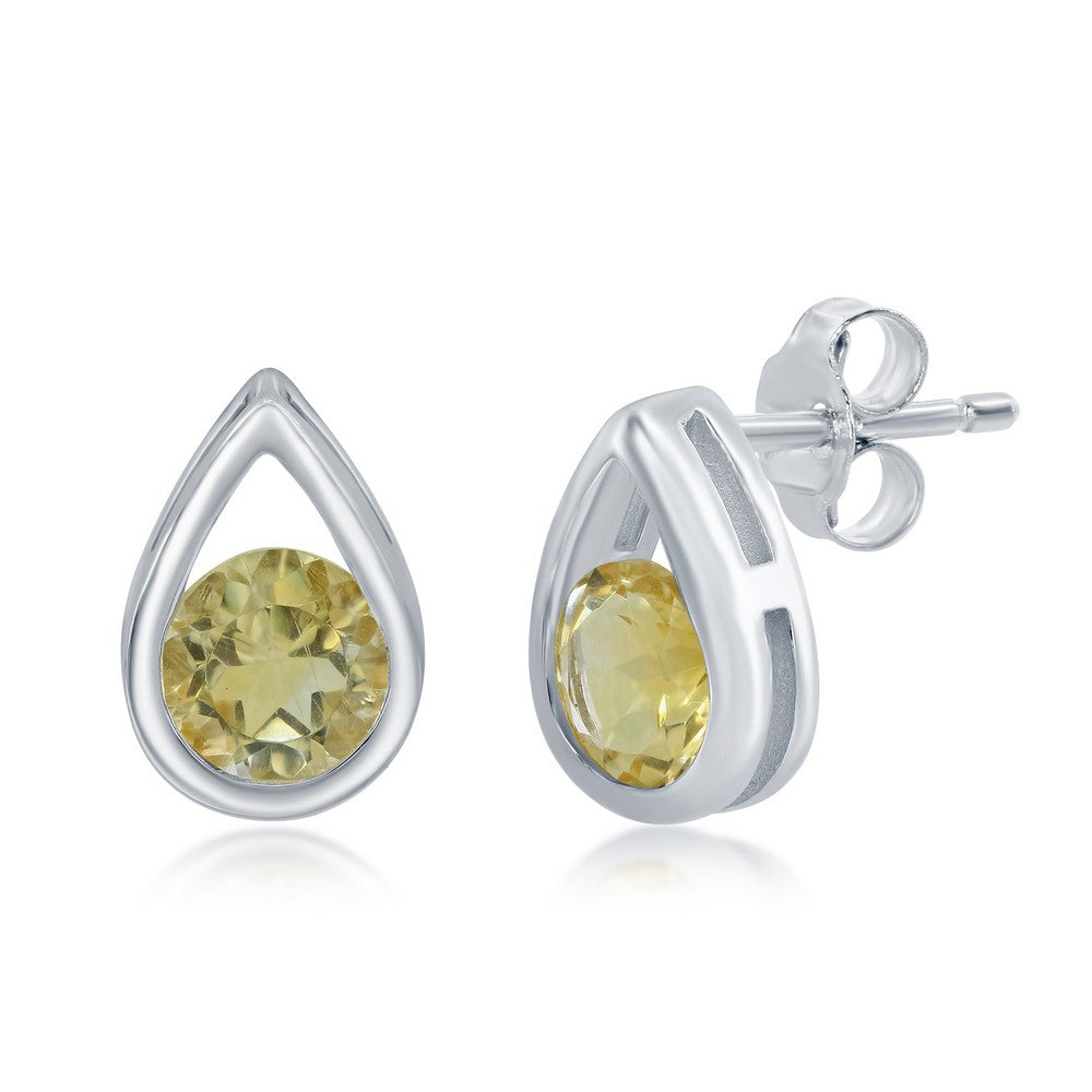 Sterling Silver Pearshaped Earrings W/Round 'November Birthstone' Gemstone Studs - Citrin Earrings