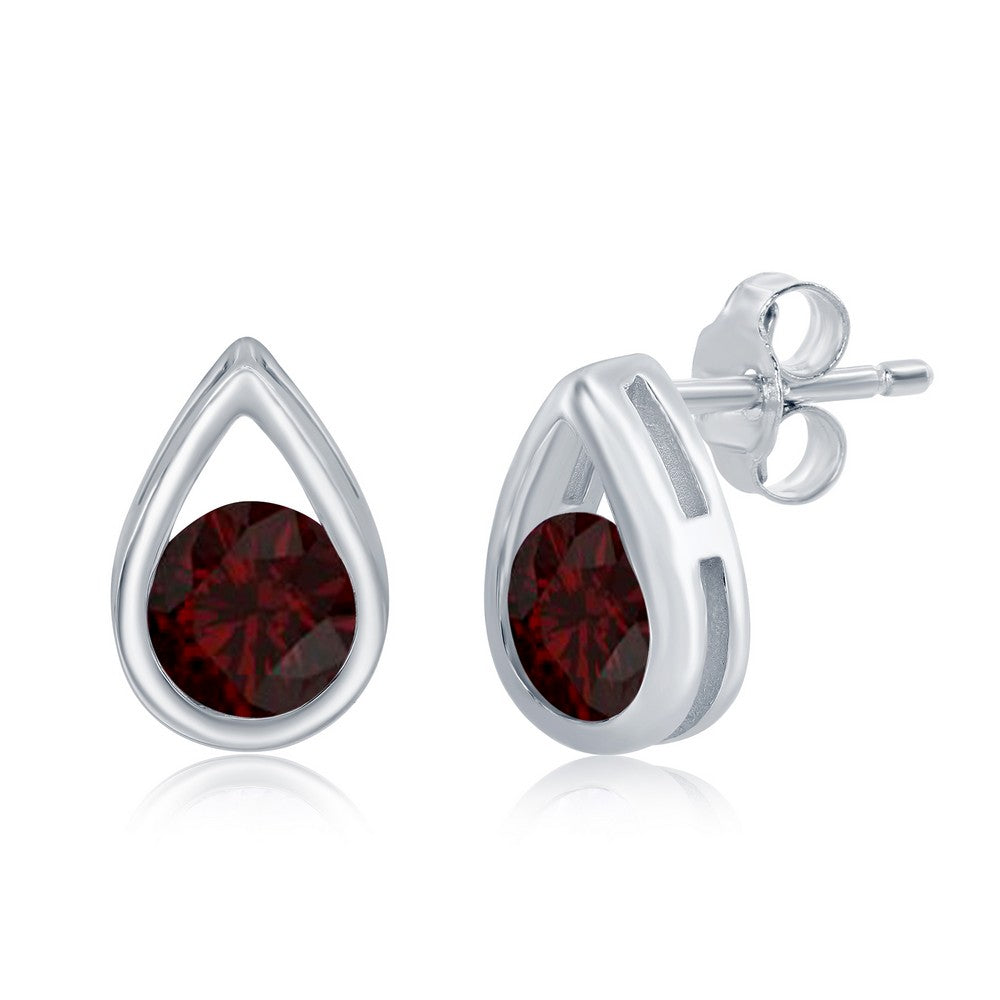 Sterling Silver Pearshaped Earrings W/Round 'January Birthstone' Gemstone Studs - Garnet Earrings