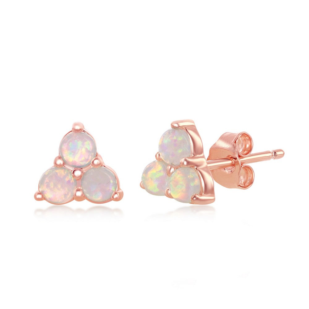 Sterling Silver Triple White Opal Cluster Stud Earrings - Rose Gold Plated Earrings