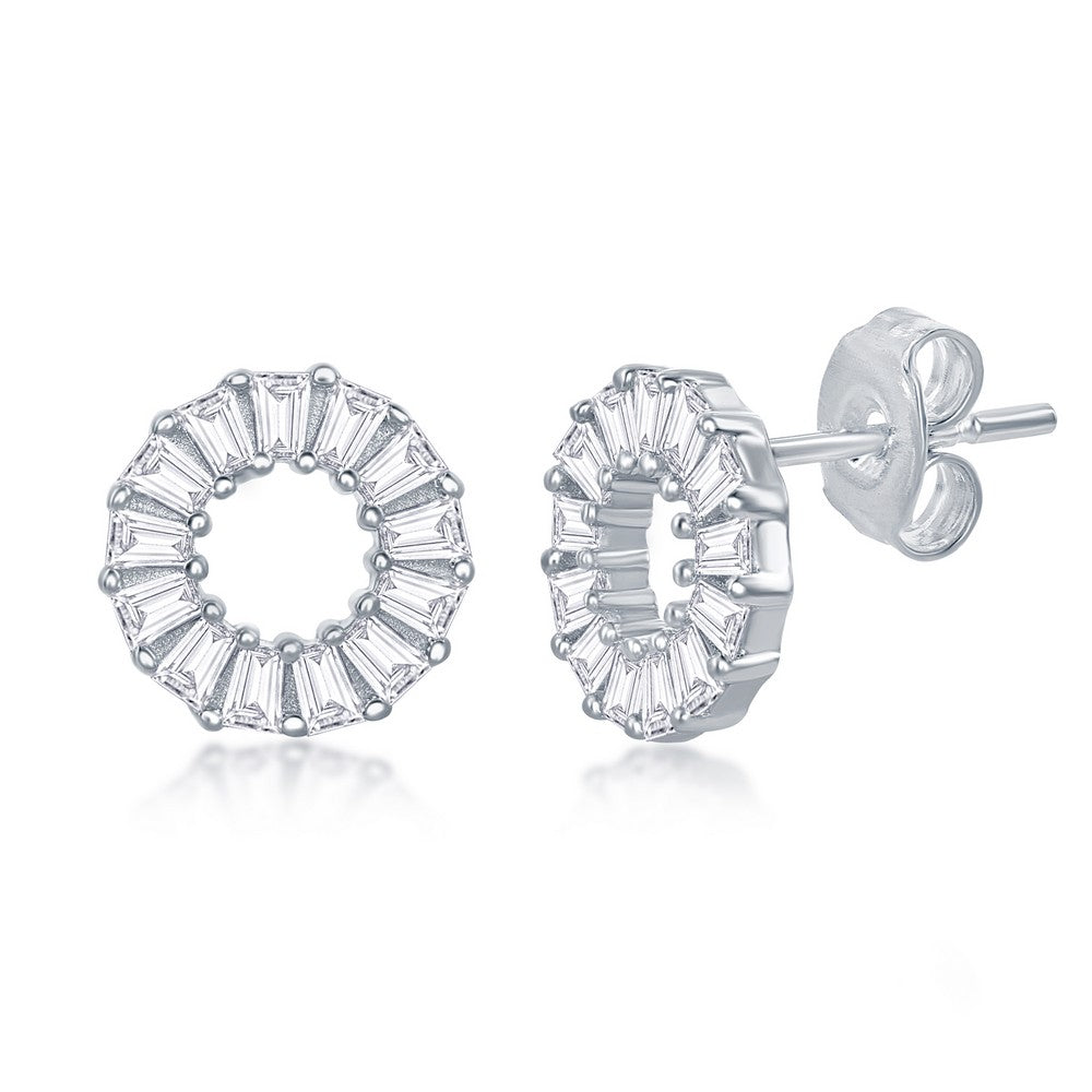 Sterling Silver Open Circle Baguette CZ Stud Earrings Earrings