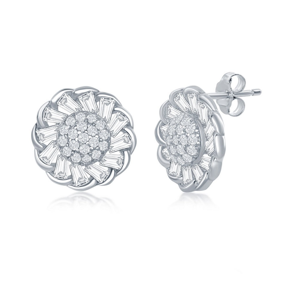 Sterling Silver Micro Pave Center & Baguette CZ Border Flower Design Stud Earrings Earrings