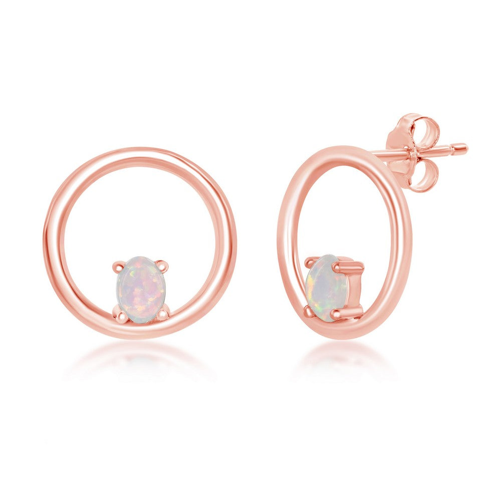 Sterling Silver Open Circle with Four-Prong White Opal Stud Earrings - Rose Gold Plated Earrings