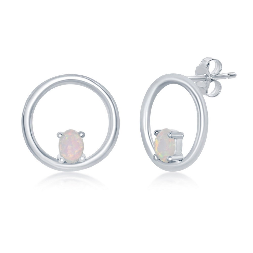 Sterling Silver Open Circle with Four-Prong White Opal Stud Earrings Earrings