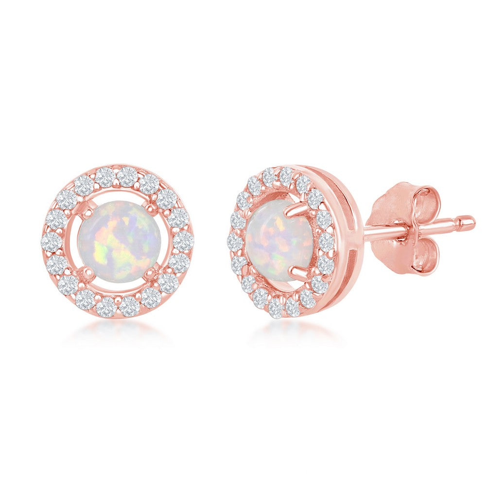 Sterling Silver Four-Prong White Opal with CZ Halo Round Stud Earrings - Rose Gold Plated Earrings