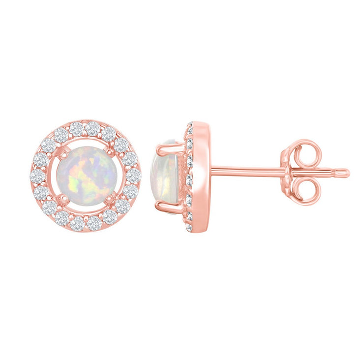 Sterling Silver Four-Prong White Opal with CZ Halo Round Stud Earrings - Rose Gold Plated Earrings