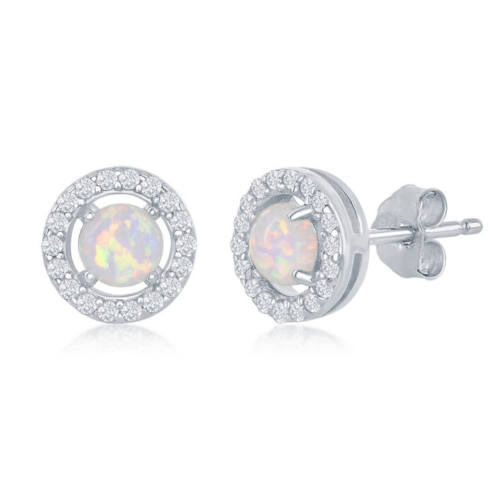 Sterling Silver Four-Prong White Opal with CZ Halo Round Stud Earrings Earrings