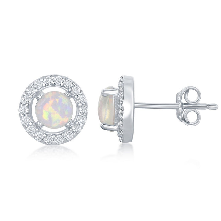 Sterling Silver Four-Prong White Opal with CZ Halo Round Stud Earrings Earrings