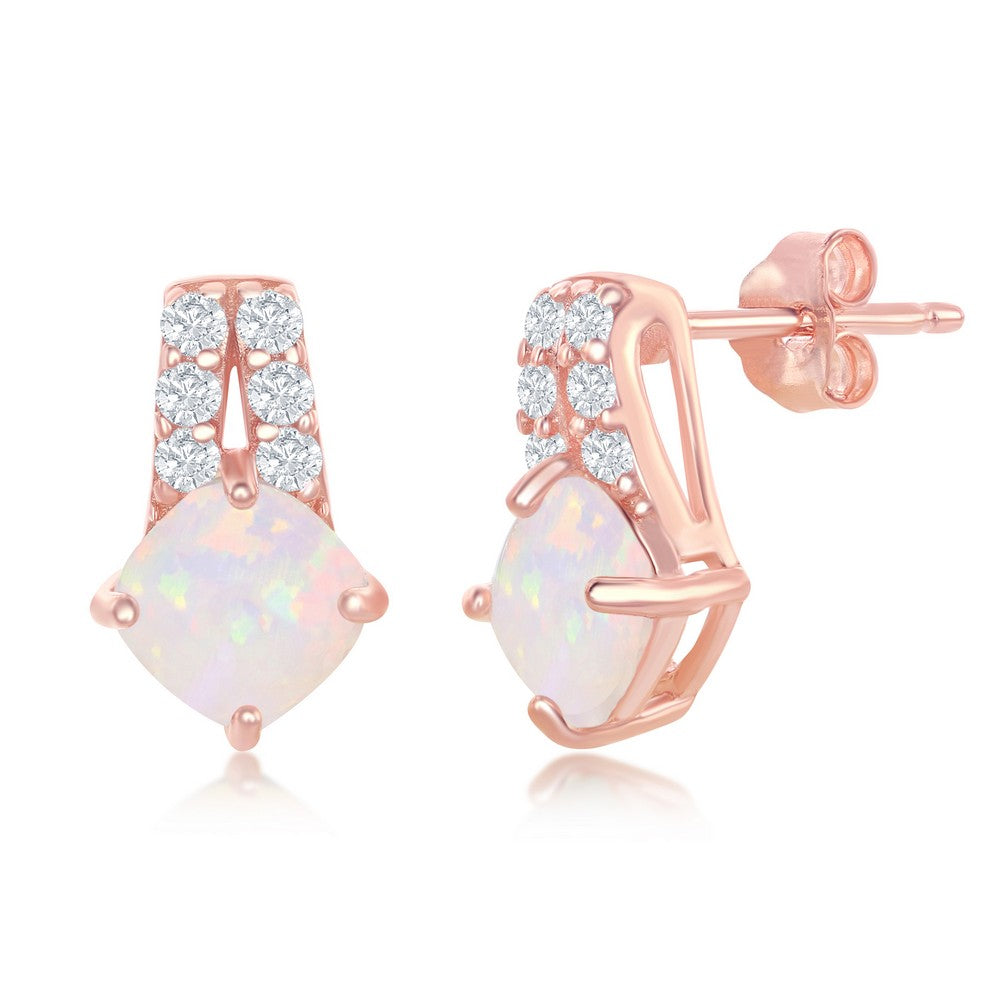 Sterling Silver Double Row CZ Four-Prong Diamond-Shaped White Opal Earrings - Rose Gold Plated Earrings