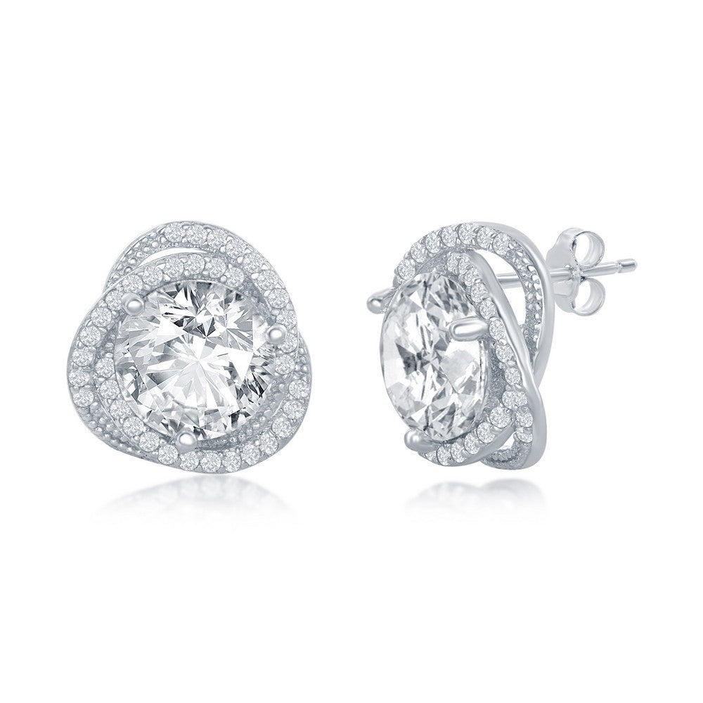 Sterling Silver 12mm Round CZ Flower Design Earrings Earrings