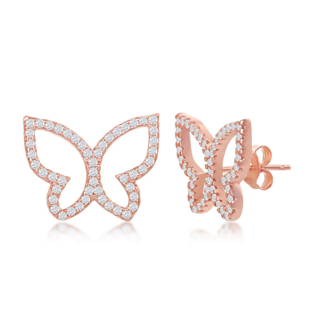 Sterling Silver Open Butterfly CZ Stud Earrings - Rose Gold Plated Earrings