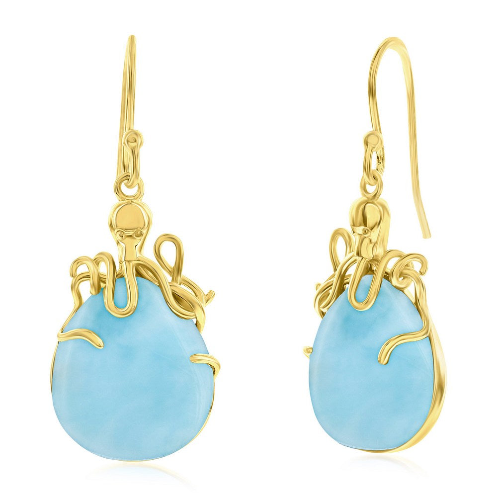 Sterling Silver, Pear-Shaped Larimar Octopus Earrings - Gold Plated Earrings