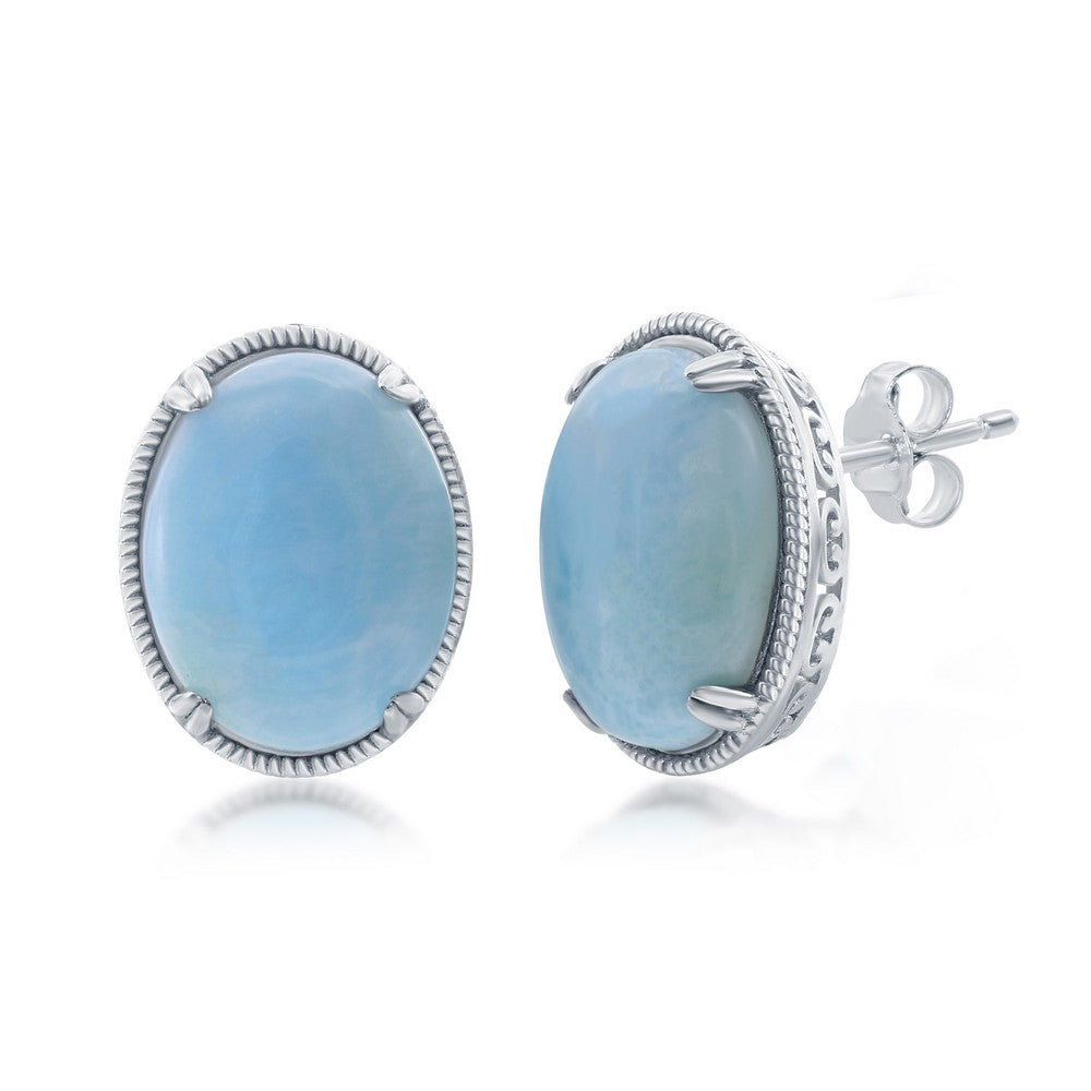 Sterling Silver Oval Larimar Filigree Design Stud Earrings Earrings