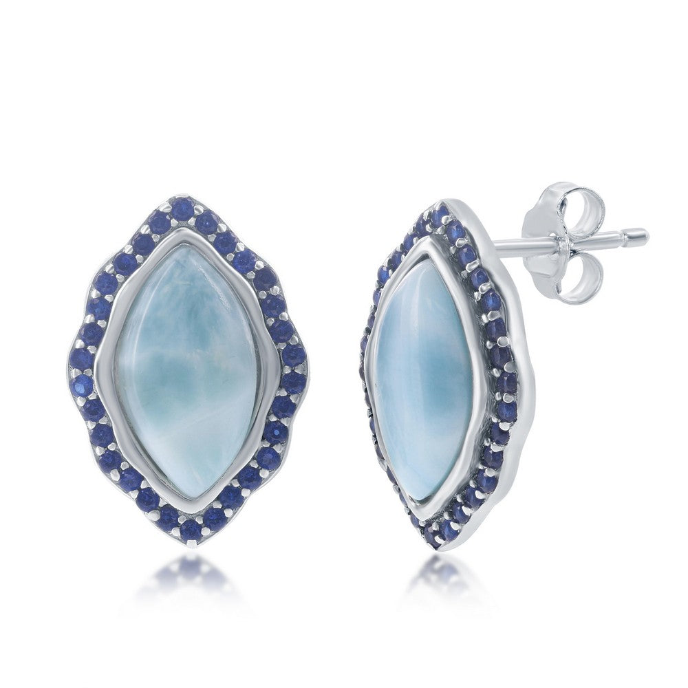 Sterling Silver, Marquise Larimar with Sapphire CZ Border Stud Earrings Earrings