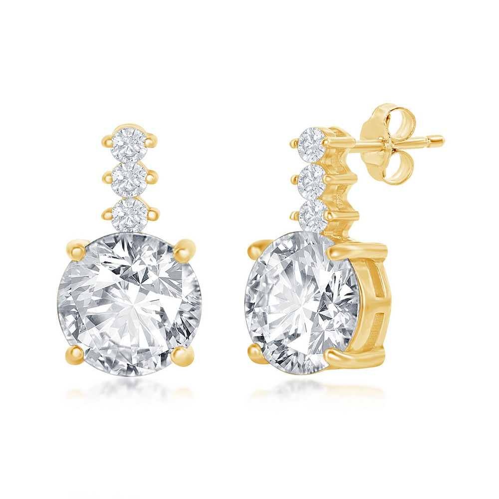 Sterling Silver Round CZ with Bar Stud Earrings - Gold Plated Earrings