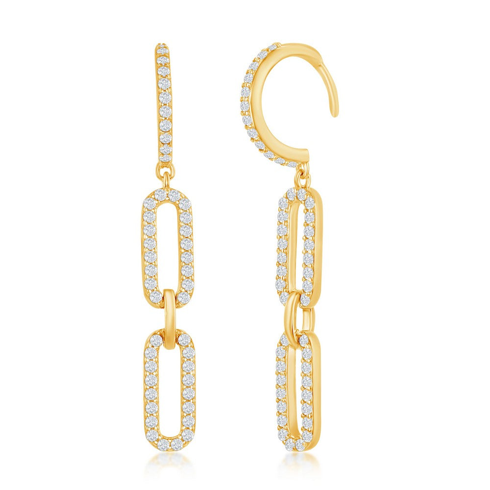 Sterling Silver, Double Link CZ Paperclip Earrings - Gold Plated Earrings