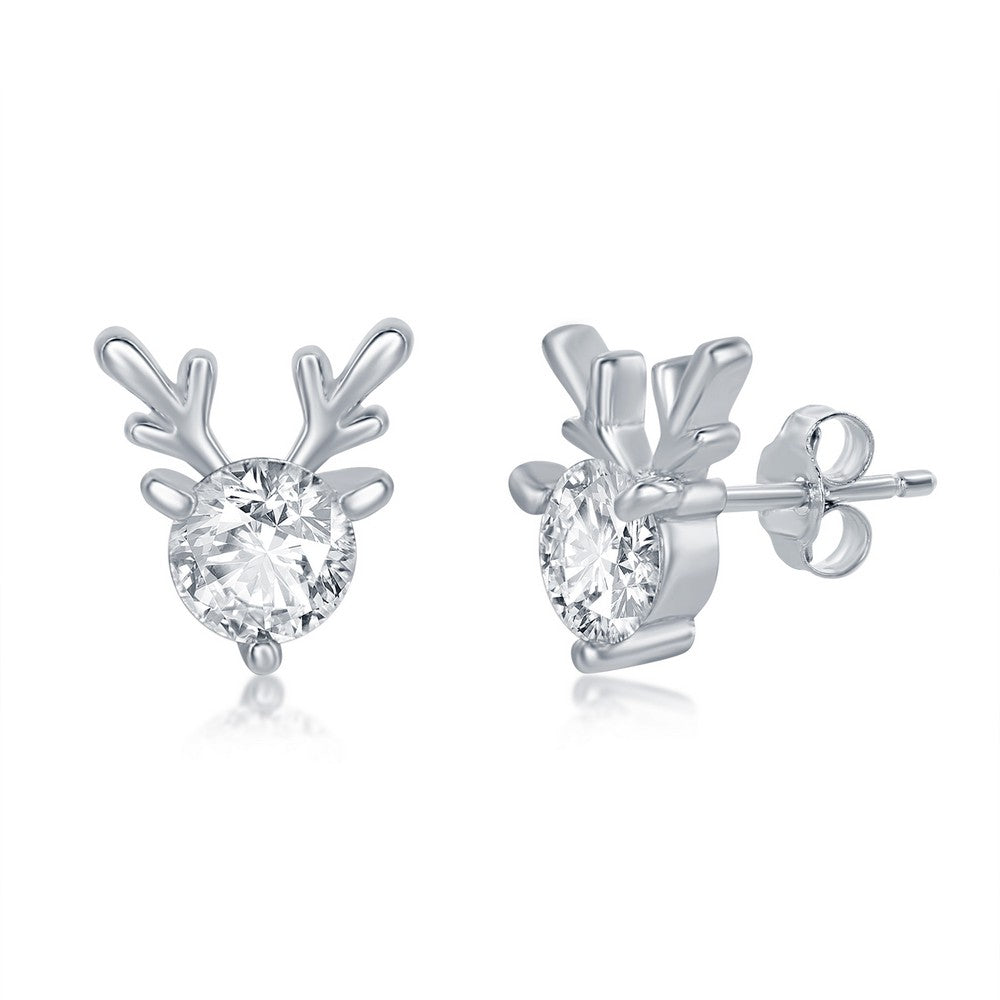 Sterling Silver Round CZ with Deer Antlers Earrings Earrings