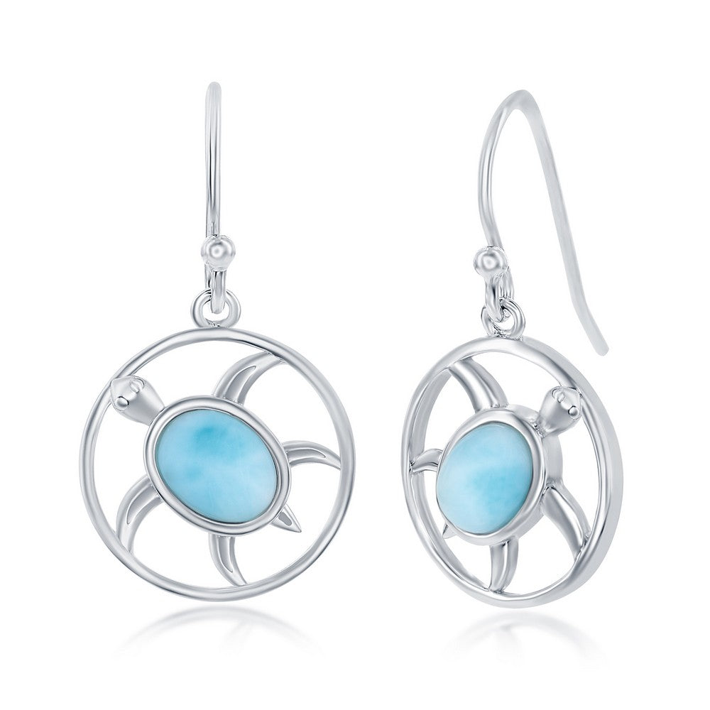 Sterling Silver Oval Larimar Turtle Round Earrings Earrings