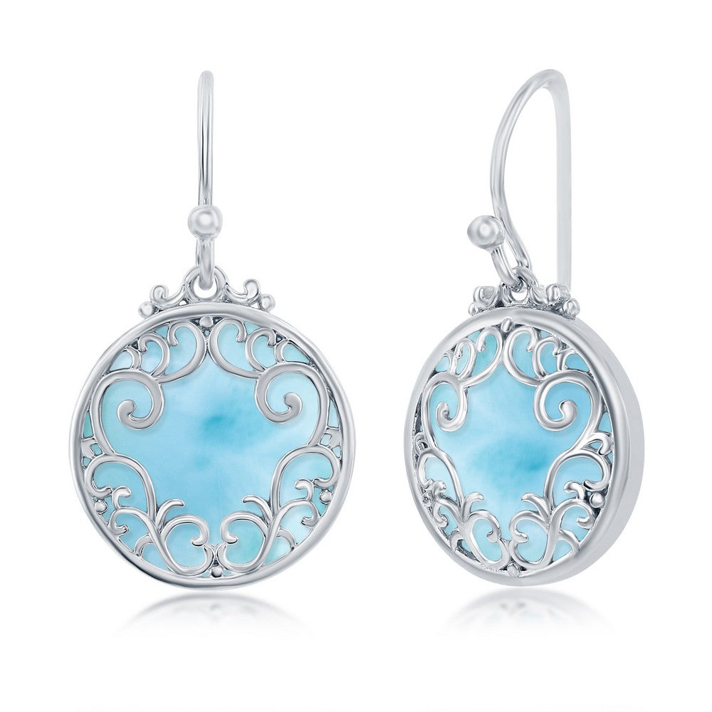 Sterling Silver Round Larimar Filigree Designed Earrings Earrings