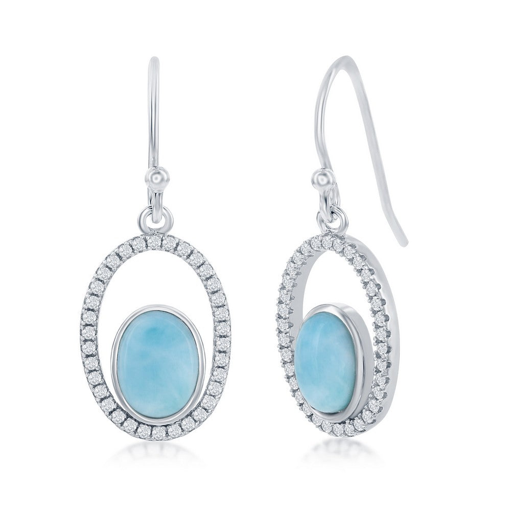 Sterling Silver Oval Larimar with CZ Earrings Earrings