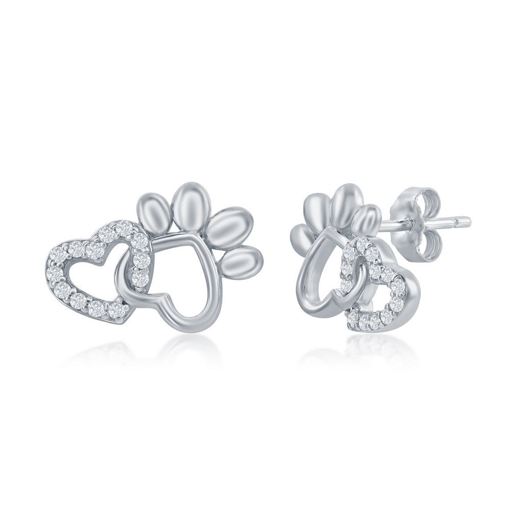 Sterling Silver CZ Heart & Paw Print Stud Earrings Earrings