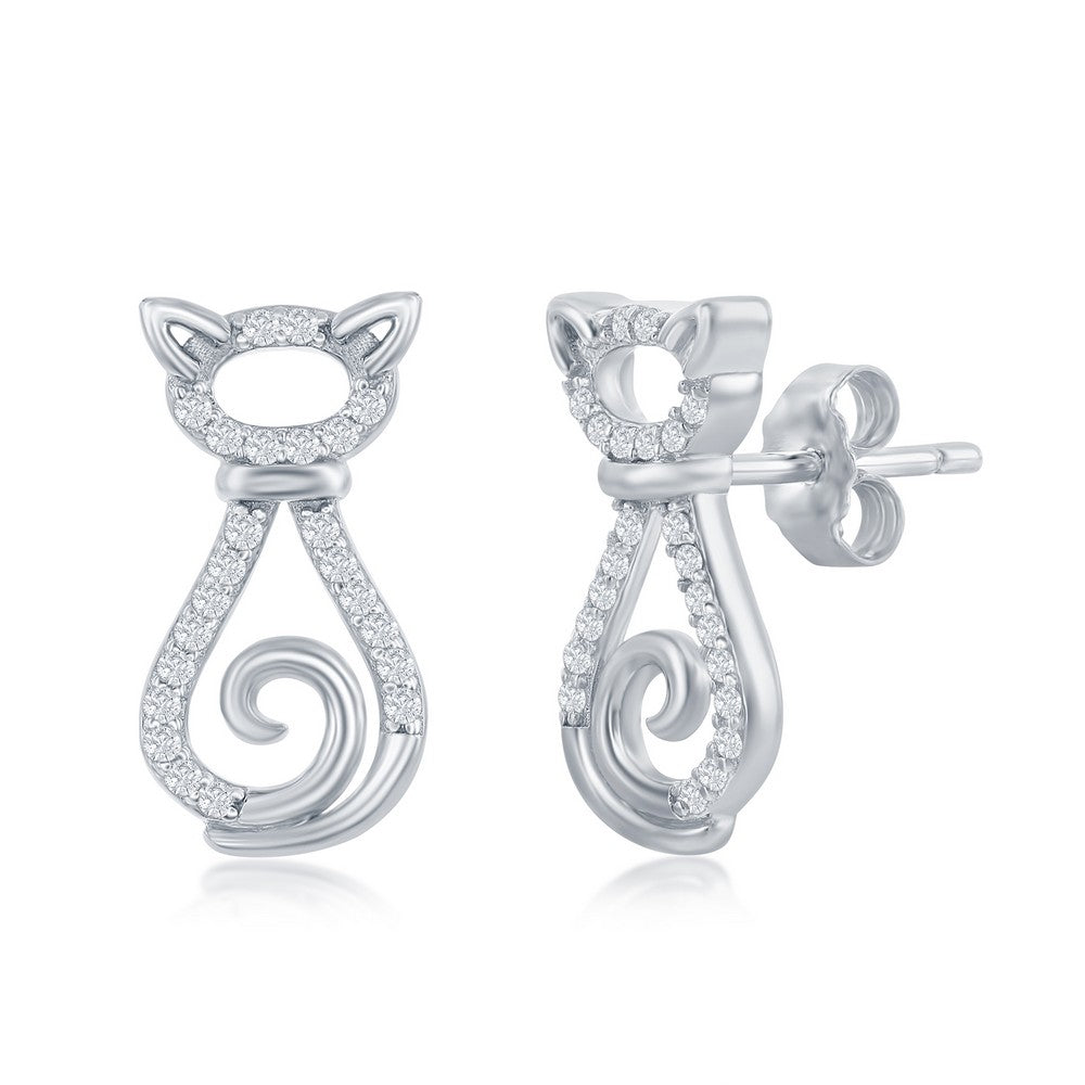 Sterling Silver CZ Cat Stud Earrings Earrings