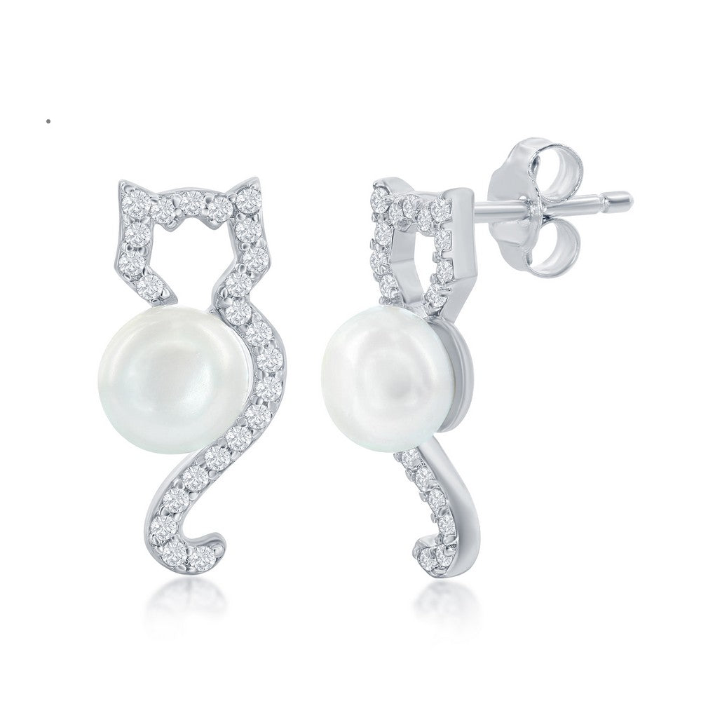 Sterling Silver CZ Cat with Round Pearl Earrings Earrings