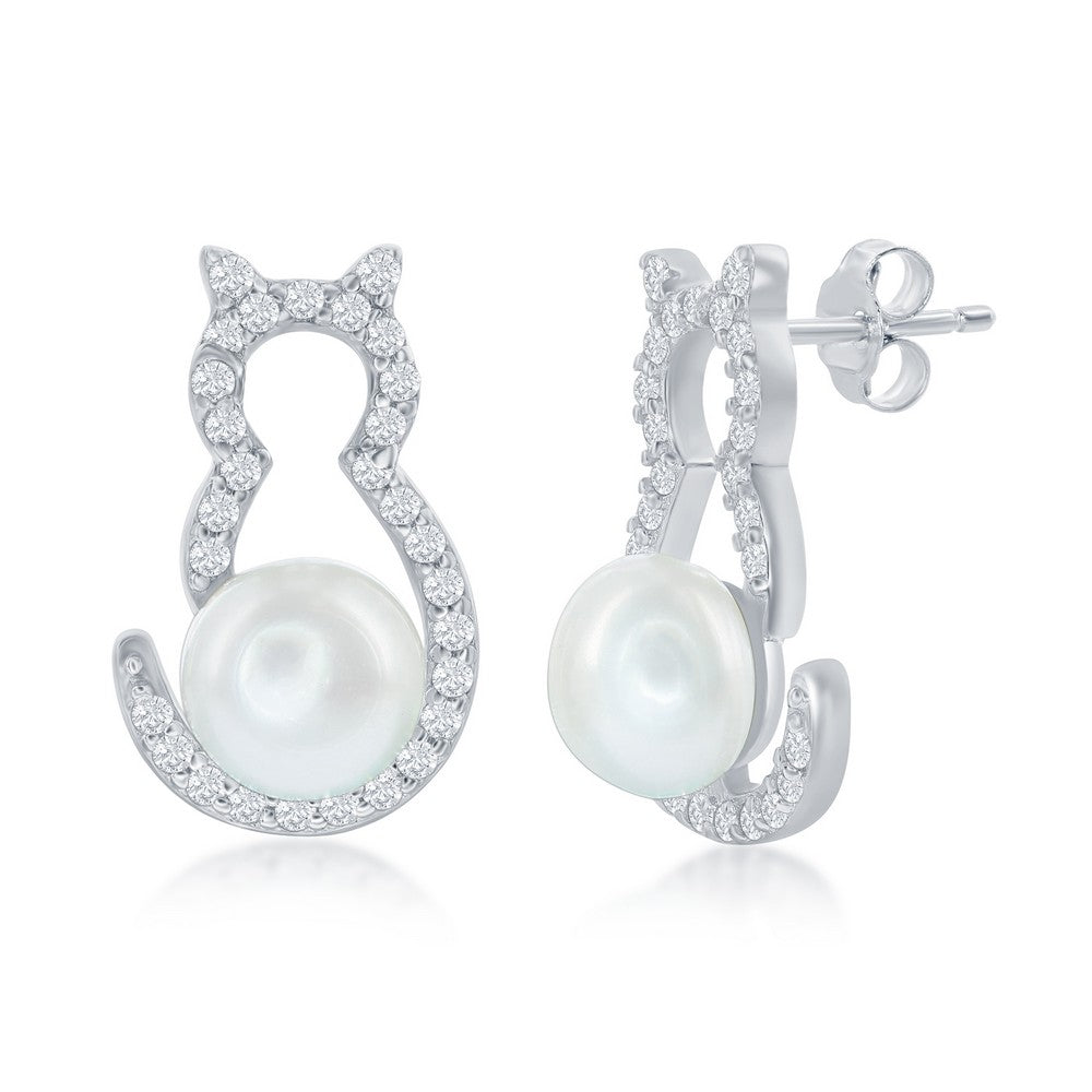 Sterling Silver CZ Cat with Round Pearl Earrings Earrings