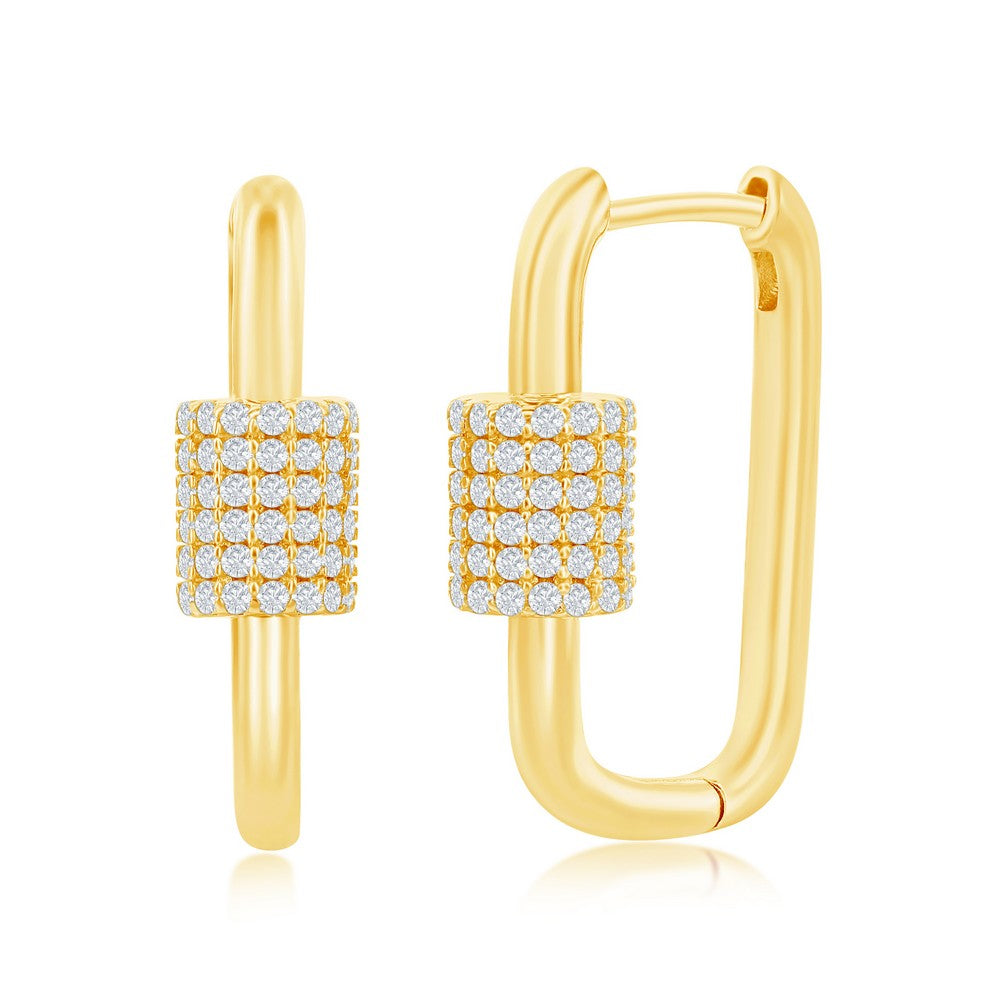 Sterling Silver Micro Pave CZ Oval Carabiner Paperclip Earrings - Gold Plated Earrings