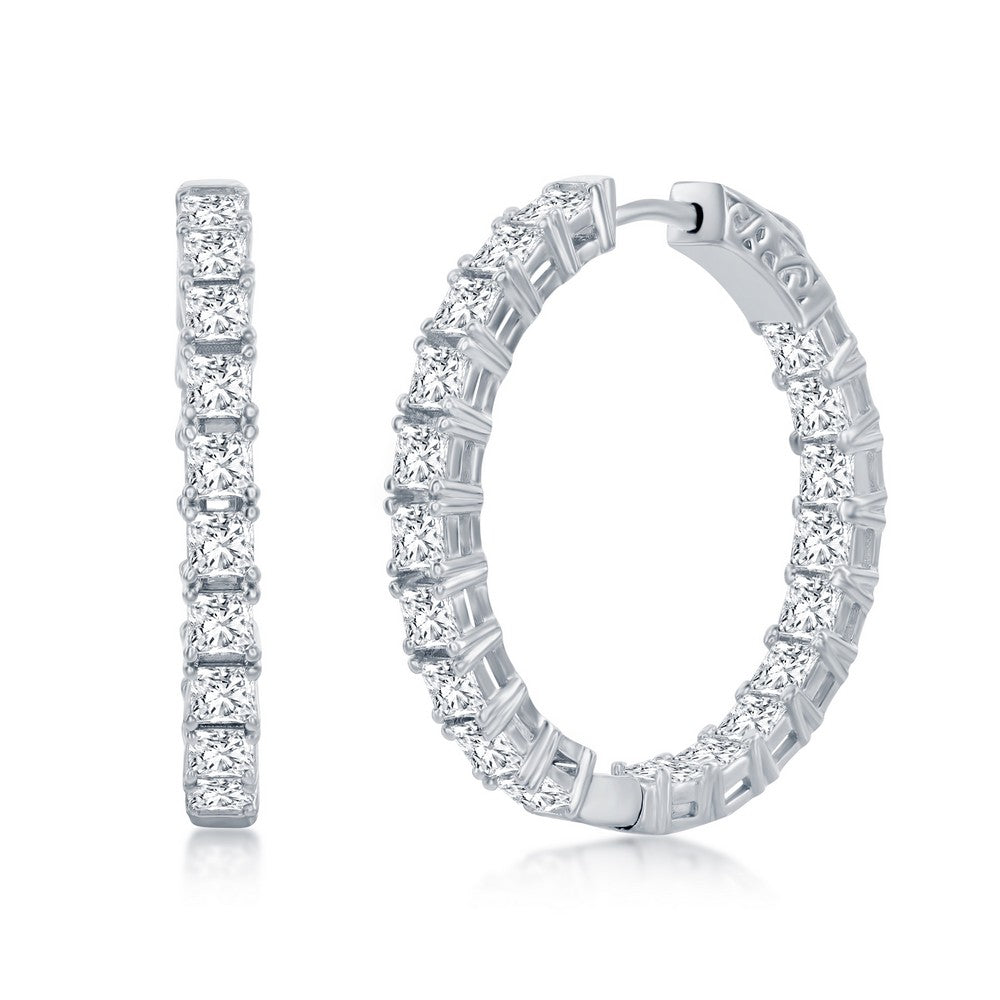 Sterling Silver, 3x30mm Square CZ, Inside-Outside Hoop Earrings Earrings