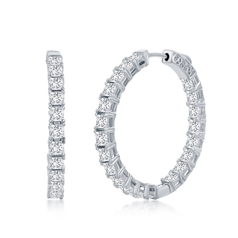 Sterling Silver, 3x35mm Square CZ, Inside-Outside Hoop Earrings Earrings