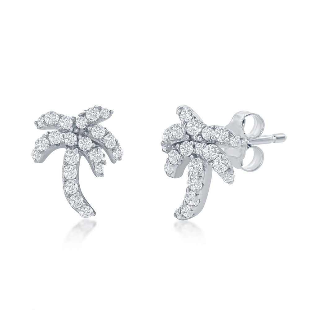 Sterling Silver CZ Palm Tree Stud Earrings Earrings