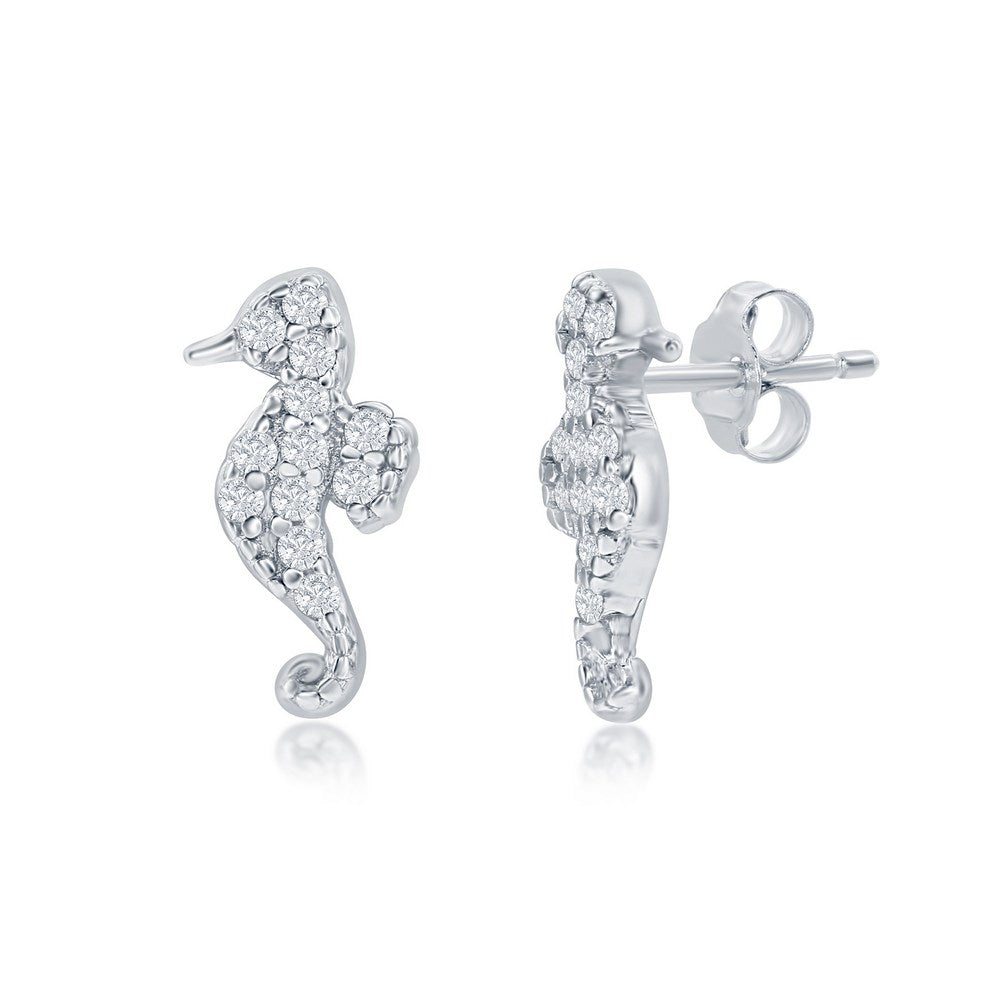 Sterling Silver CZ Seahorse Stud Earrings Earrings