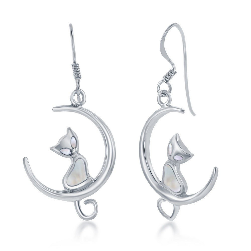 Sterling Silver Mother of Pearl Cat on Moon Earrings Earrings