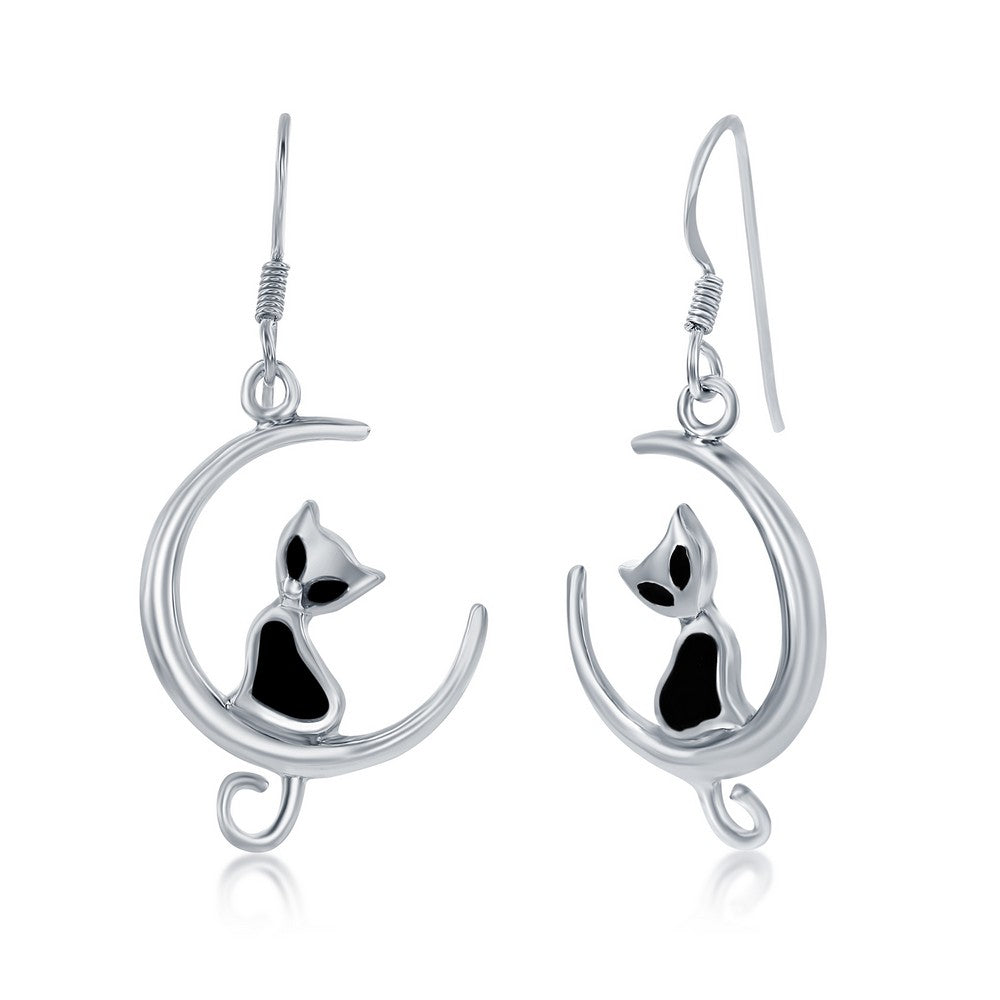 Sterling Silver Created Onyx Cat on Moon Earrings Earrings