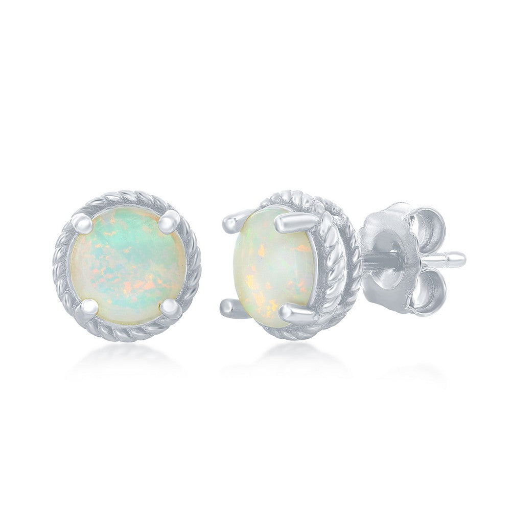 Sterling Silver 9mm White Opal Rope Design Border Stud Earrings Earrings