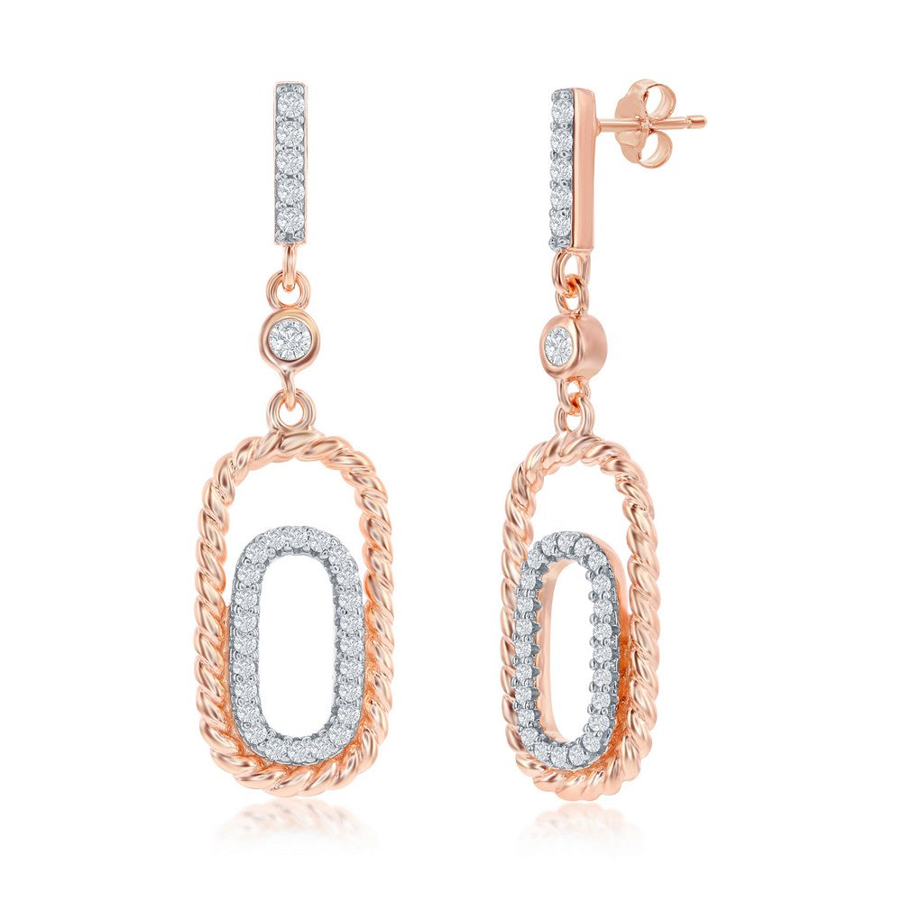 Sterling Silver Double Rectangle CZ Earrings - Rose Gold Plated Earrings