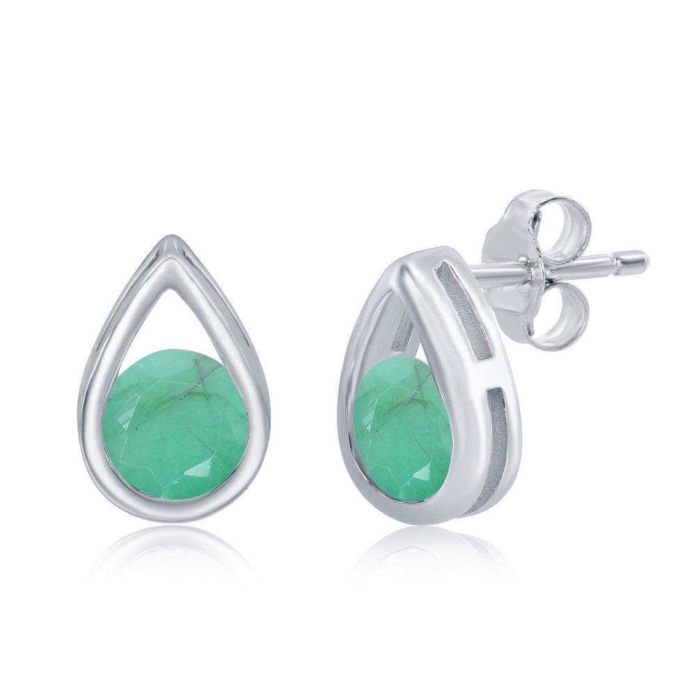 Sterling Silver Pearshaped Earrings W/Round 'May Birthstone' Gemstone Studs - Emerald Earrings