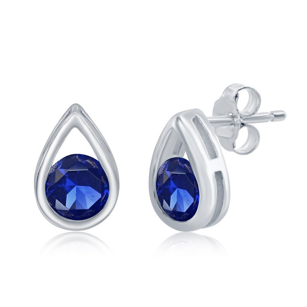 Sterling Silver Pearshaped Earrings W/Round 'September Birthstone' Studs - Created Sapphire Earrings