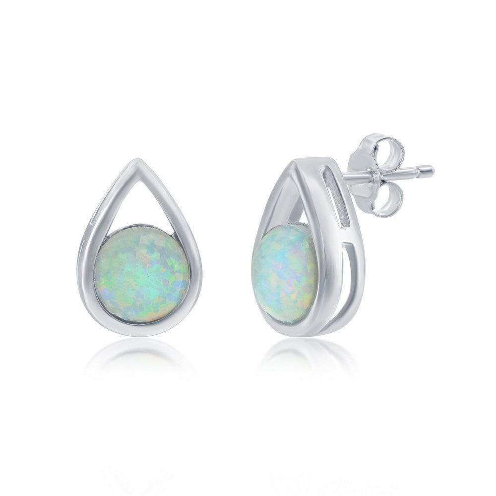 Sterling Silver Pearshaped Earrings W/Round 'October Birthstone' Gemstone Studs - Opal Earrings