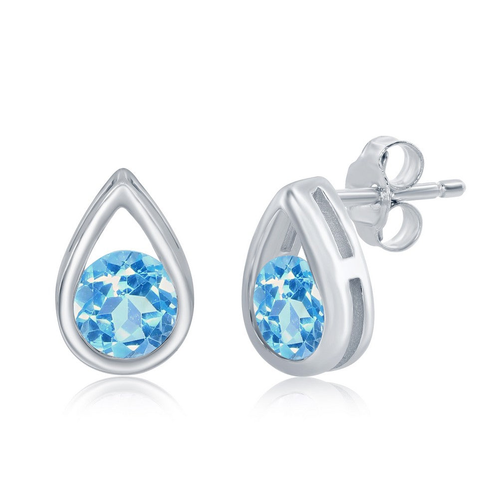 Sterling Silver Pearshaped Earrings W/Round 'December Birthstone' Gemstone Studs - Swiss Blue Topaz Earrings